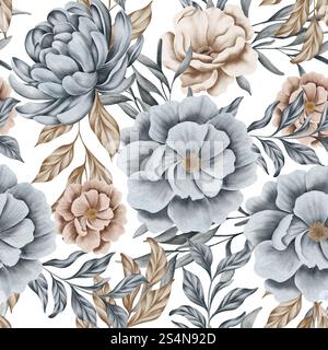 Nahtloses Blumenmuster in Aquarellfarben mit getrockneten Blättern, blauen und beigefarbenen Blüten, Blattzweigen. Hochzeitseinladungen, Hintergründe, Tapeten Stockfoto