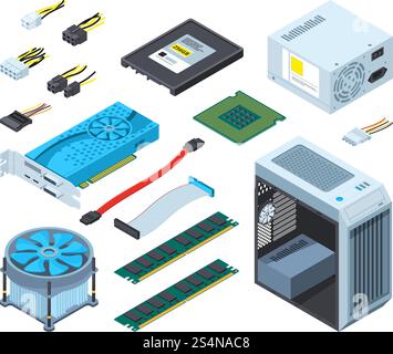 Abbildungen verschiedener elektronischer Teile und Komponenten für Computer. Hardware für Computer, Chip-Prozessor und Halbleiter- und Mikroprozessorvektor. Abbildungen verschiedener elektronischer Teile und Komponenten für Computer Stock Vektor