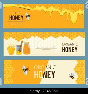 Horizontale Banner mit Bildern von Bienenhaus. Honig, Wachsbiene und Bienenstock. Poster Honig und Bienenhaus, Bienenstock und Desserternährung, Vektor-Illustration. Horizontale Banner mit Bildern von Bienenhaus. Honig, Wachsbiene und Bienenstock Stock Vektor
