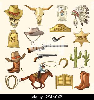 Farbige Illustrationen von Wild West Symbolen. Westliche Vintage-Bilder isoliert. Vektor Wilder Westen und Waffe, Waffe und Pferd. Farbige Illustrationen von Wild West Symbolen. Westliche Vintage-Bilder isoliert Stock Vektor