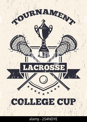 Retro-Plakat zum Thema Lacrosse in der Sporthochschule. Lacrosse Turnier College Cup Banner Vinyage Stil Illustration. Retro-Plakat zum Thema Lacrosse in der Sporthochschule Stock Vektor