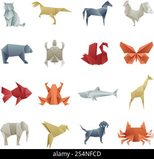 Origami Papiertiere asiatische kreative Vektorkunst. Origami japan Tier Schmetterling und Bär, Schildkröte und Giraffe Illustration. Origami Papiertiere asiatische kreative Vektorkunst Stock Vektor
