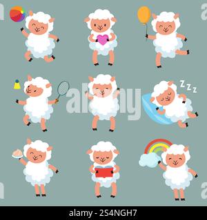 Süßes Schaf. Lustige Comic Wolllammvektorfiguren. Illustration eines Zeichentrickcharakters weißes Schaf. Süßes Schaf. Lustige Comic Wolllammvektorfiguren Stock Vektor
