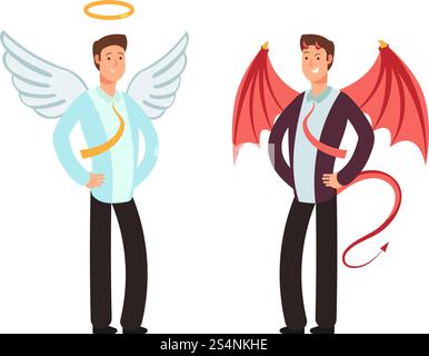 Geschäftsmann im Engel- und Dämonenanzug. Vektorzeichen für das Konzept der guten und schlechten Way Choice. Geschäftsdämon und Engel, Geschäftsmann satan mit Flügel und Hörner Illustration. Geschäftsmann im Engel- und Dämonenanzug. Vektorzeichen für das Konzept der guten und schlechten Way Choice Stock Vektor