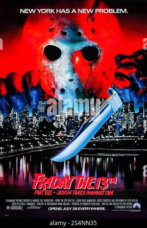 Friday the 13th Part VIII: Jason Takes Manhattan (1989) von Rob Hedden mit Jensen Daggett, Scott Reeves und Barbara Bingham. Der maskierte Mörder Jason Voorhees verfolgt eine Gruppe von Studenten auf einer Abschlussreise nach New York City. Foto eines Original-Posters aus dem Jahr 1989 (USA), das NUR FÜR REDAKTIONELLE ZWECKE VERWENDET WIRD. Quelle: BFA / Paramount Pictures Stockfoto