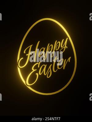 Form eines goldenen Ostereiers mit dem Text Happy Easter auf schwarzem Hintergrund, 3D-Darstellung Stockfoto