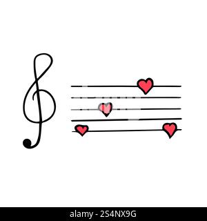 Treble-Schlüssel mit Liebesherzen, eine Linie. Liebe Melodie, süßes Lied. Symbol für fortlaufende Musiknotizen. Eine dünne Linie aus Dreifachschlüssel und Herzen. Vektorillus Stock Vektor