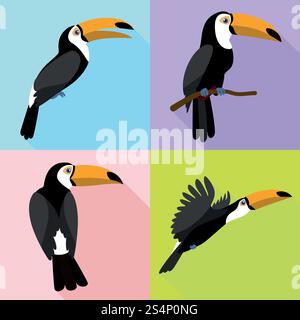 Toucan-Symbole eingestellt. Flacher Satz von Tucan-Vektorsymbolen für Webdesign. Tukan-Symbole gesetzt, flach Stock Vektor