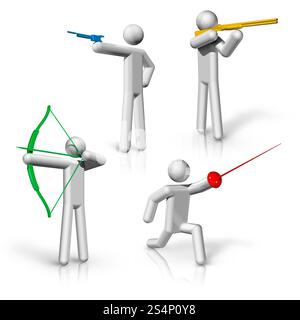 Sportsymbole Icons Serie 1 auf 9, Schießen, Bogenschießen, Fechten. Sport Symbole Symbole Serie 1 Stockfoto