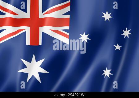 Australien-Flagge, dreidimensionales Rendering, satinierte Textur. Australische Flagge Stockfoto