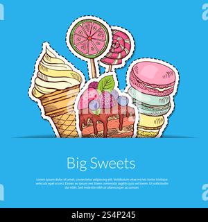 Vektor Hand gezeichnete Süßigkeiten in der Taschenillustration mit Platz für Text. Eis und Kuchen. Vektor Hand gezeichnete Süßigkeiten in Taschenillustration Stock Vektor