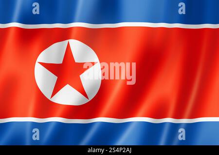 Nordkorea-Flagge, dreidimensionales Rendering, satinierte Textur. Nordkoreanische Flagge Stockfoto