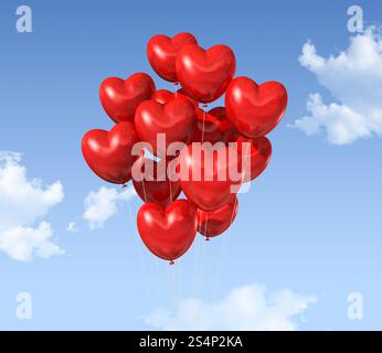 Rote Herzballons, die am Himmel schweben. valentinstag-Symbol. Rote Herzballons, die am Himmel schweben Stockfoto