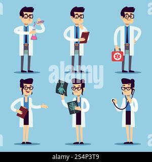 Männliche und weibliche junge Ärzte setzen sich ein. Vektordoktor Mann und Frau, medizinische professionelle Chirurgen Fachärztin Illustration. Männliche und weibliche junge Ärzte setzen sich ein Stock Vektor