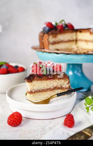 Hausgemachter Biskuitkuchen mit Vanilleschicht und Schokoladenbuttercreme-Zuckerguss Stockfoto