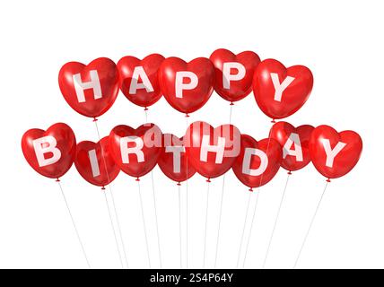 3D rote Happy Birthday Herzform Ballons isoliert auf weißem Hintergrund. Rote Happy Birthday Ballons in Herzform Stockfoto