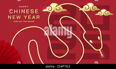 Festival-Poster des chinesischen Neujahrs 2025, traditionelles chinesisches Tor und Hintergrund der Handfans. Vektor Stock Vektor