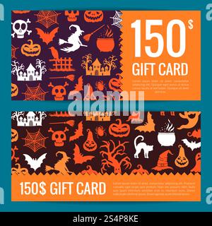 Vector halloween Geschenkkarte oder Gutschein Vorlagen mit Hexen, Kürbissen, Geistern, Spinnen Silhouetten mit Platz für Textabbildung. Vector halloween Geschenkkarten oder Gutscheinvorlagen Stock Vektor