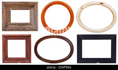 Satz von Holz Bilderrahmen mit Ausschnitt Leinwand isoliert auf weißem Hintergrund Stockfoto