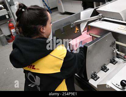 Mainz Kastel, Deutschland. Januar 2025. Die Wahlpuppen werden von Teamleiterin Romina Viniguerra während eines Testlaufs im Postzentrum der Deutschen Post in eine Sortiermaschine gestellt. Die Deutsche Post hat die automatische Sortierung und Versendung von Wahlumschlägen für die Bundestagswahl am 23. Februar in Hessen erfolgreich getestet. Sie will sicherstellen, dass die rosafarbenen Briefumschläge maschinenkompatibel sind. Vermerk: Arne Dedert/dpa/Alamy Live News Stockfoto
