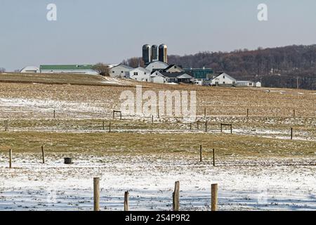 Bauernhofszene, Amish, Häuser, Silos, Scheunen, Feld, Schnee, ländlich, Chester County, Pennsylvania, Honey Brook, PA, Winter Stockfoto