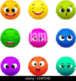 Lustige farbige Fellemoticons. Zeichentrickfiguren mit unterschiedlichen Emotionen. Furry Funny Smile Maskottchen Kollektion Illustration. Lustige farbige Fellemoticons. Zeichentrickfiguren mit unterschiedlichen Emotionen Stock Vektor