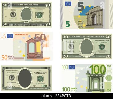Abbildungen von gefälschten Dollars und Euro. Vektorbilder von Geldscheine des Satzes. Einzug von Barrechnungen. Abbildungen von gefälschten Dollars und Euro. Vektorbilder von Geld Stock Vektor