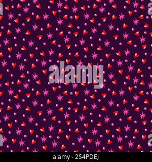 Aquarellherzen und Sterne nahtloses Muster. Handgezeichneter Hintergrund. Lila Hintergrund, rote Herzen, rosa Sterne Stockfoto