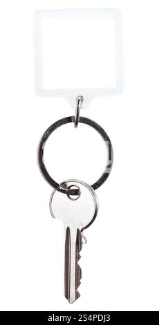 ein Stahl-Schlüssel und quadratischen Schlüsselbund auf Ring isoliert auf weißem Hintergrund Stockfoto