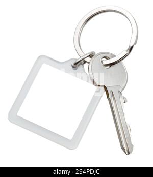 ein Haustürschlüssel und quadratischen Schlüsselbund auf Ring isoliert auf weißem Hintergrund Stockfoto