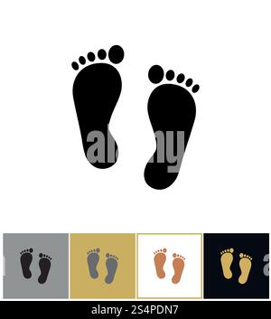 Menschliche schwarze Silhouette Fußabdruck Symbol, Fußabdrücke Symbol isoliert auf Gold, schwarz und weiß Hintergrund Vektor Illustration. Menschliches Fußabdrucksymbol, Fußabdrucksymbol auf goldenem und weißem Hintergrund Stock Vektor