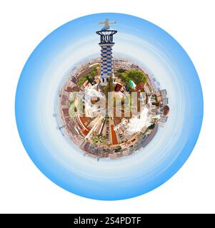 kleine Planeten - sphärischen Panorama Barcelona Skyline vom Park Güell, Spanien isoliert auf weißem Hintergrund Stockfoto