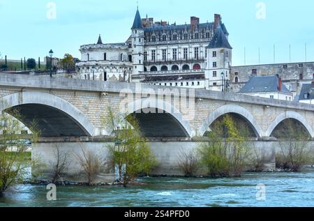 Königsschloss in Amboise an den Ufern des Flusses Loire (Frankreich). Frühling Stadtblick. Stockfoto
