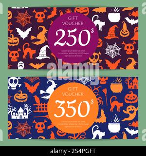 Vektor Illustration halloween Geschenkkarte oder Gutschein Vorlagen mit Hexen, Kürbisse, Geister, Spinnen Silhouetten mit Platz für Text. Vector halloween Geschenkkarten oder Gutscheinvorlagen Stock Vektor