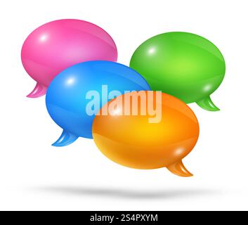 3D-Gruppe farbiger Sprechblasen isoliert auf weiß. Gruppe von Sprechblasen Stockfoto