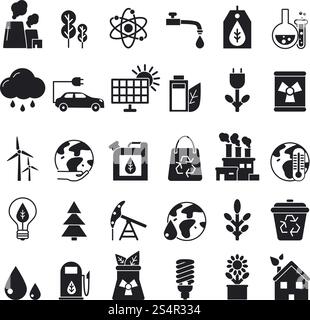 Monochrom-Symbole für Ökologie. Vektorbilder erneuerbare Bioenergie, Sonnenkollektor und Ölillustration. Monochrom-Symbole für Ökologie. Vektorbilder Stock Vektor