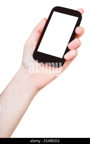 Hand hält Handy mit ausgeschnittenen Bildschirm isoliert auf weißem Hintergrund Stockfoto