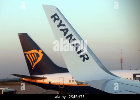 05.09.2024, Schönefeld, Brandenburg, GER - Heckleitwerk und Winglet eines Flugzeugs der Ryanair. Fluggesellschaft, Flughafen, Alltag, Anschnitt, Aussen, Aussenaufnahme, Billigflieger, Billigfluggesellschaft, Brandenburg, Detail, Detailaufnahme, Emblem, Europa, europaeisch, Ferien, Fernreise, Fliegen, Flieger, Flug, Flugbetrieb, Fluggesellschaft, Fluglinie, Flugreise, Flugtechnik, Flugverkehr, Flugzeug, Freisteller, Gesellschaft, Heckleitwerk, Hoehenflosse, Jahreszeit, Logo, Luft, Luftfahrt, Luftfahrtgesellschaft, Luftfahrtunternehmen, Luftverkehr, Maschine, niemand, Passagierflugzeug, Passagiermaschine, Stockfoto