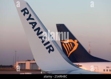 05.09.2024, Schönefeld, Brandenburg, GER - Heckleitwerk und Winglet eines Flugzeugs der Ryanair. Fluggesellschaft, Flughafen, Alltag, Anschnitt, Aussen, Aussenaufnahme, Billigflieger, Billigfluggesellschaft, Brandenburg, Detail, Detailaufnahme, Emblem, Europa, europaeisch, Ferien, Fernreise, Fliegen, Flieger, Flug, Flugbetrieb, Fluggesellschaft, Fluglinie, Flugreise, Flugtechnik, Flugverkehr, Flugzeug, Freisteller, Gesellschaft, Heckleitwerk, Hoehenflosse, Jahreszeit, Logo, Luft, Luftfahrt, Luftfahrtgesellschaft, Luftfahrtunternehmen, Luftverkehr, Maschine, niemand, Passagierflugzeug, Passagiermaschine, Stockfoto