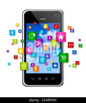 3D-Mobiltelefon mit fliegenden Apps-Symbolen – isoliert auf weiß. Symbole für Mobiltelefone und fliegende Apps Stockfoto