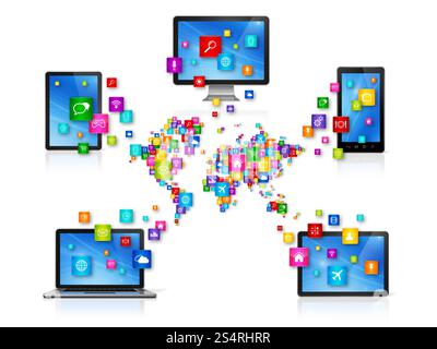 3D-Computergeräte auf weiß isoliert mit Apps-Symbolen. World Cloud Computing Network-Konzept. Cloud-Computing-Netzwerk Stockfoto