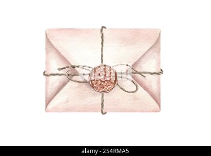 Rosafarbener geschlossener Briefumschlag mit Jute gebunden und versiegelt mit brauner runder Figur Wachs Aquarellillustration isolierter Hintergrund. Vintage Letter bereit Stockfoto