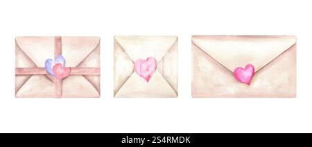 Versiegelte Briefumschläge mit Herz in Aquarellfarben für ClipArt-Illustrationen. Liebesbrief gebunden mit rosa Schleife und rosa blauen Herzen. Urlaub für Valentinstag Stockfoto