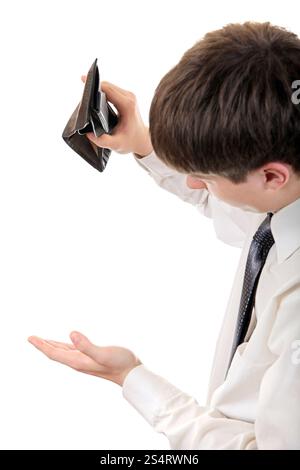 Junger Mann, Der Auf Leere Brieftasche Wartet. Isoliert auf dem weißen Hintergrund Stockfoto