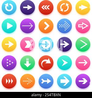 Pfeilfarben Web-Schaltflächensymbole. Pfeilspitze und REPEAT, Richtungsvektor-Website-Symbole. Navigation in farbigem Kreis, Cursor und Pfeilspitzen, Schnittstellendarstellung. Pfeilfarben Web-Schaltflächensymbole. Pfeilspitze und REPEAT, Richtungsvektor-Website-Symbole Stock Vektor
