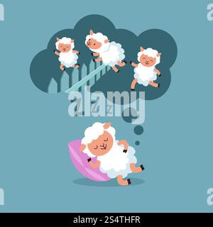 Schafe zählen, um nachts zu schlafen. Springendes Lamm zur glücklichen Traum-Cartoon-Vektor-Illustration. Niedliches Tier in der Schlafwolke. Schafe zählen, um nachts zu schlafen. Springendes Lamm zur glücklichen Traum-Cartoon-Vektor-Illustration Stock Vektor