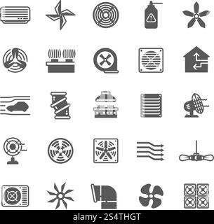 Industrielle Lüftungssysteme für Heizung und Kühlung, Lüftungs- und Windsymbole. Vektorsymbole für heiße und kalte, trockene und feuchte Luftströme. Abbildung: Belüftungsgerät, Lüftungsanlage, Luftgebläse. Industrielle Lüftungssysteme für Heizung und Kühlung, Lüftungs- und Windsymbole. Vektorsymbole für heiße und kalte, trockene und feuchte Luftströme Stock Vektor