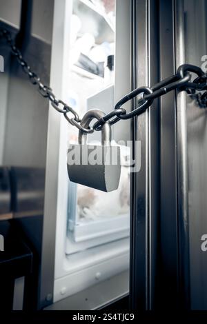 Nahaufnahme Foto Metall Sperre an Kühlschranktür hängt Stockfoto