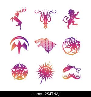 Helle heraldische Vektorsymbole mit Tieren und Thronsymbolen Silhouetten Illustration. Heraldische Vektorsymbole mit Tieren Stock Vektor