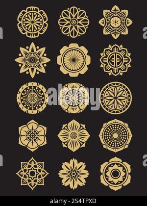 Asiatische Blumen Ikonen auf schwarzem Hintergrund. Chinesische oder japanische dekorative Elemente. Asiatische Kollektion Ornament indisch. Vektorabbildung. Asiatische Blumen Ikonen auf schwarzem Hintergrund. Chinesische oder japanische dekorative Elemente Stock Vektor